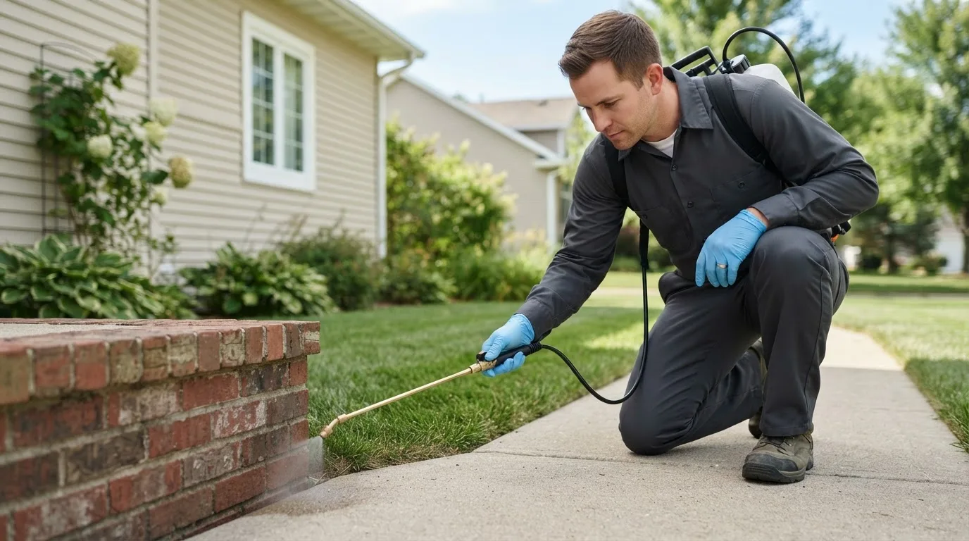 Pest control technician treating a home near Rehoboth, MA